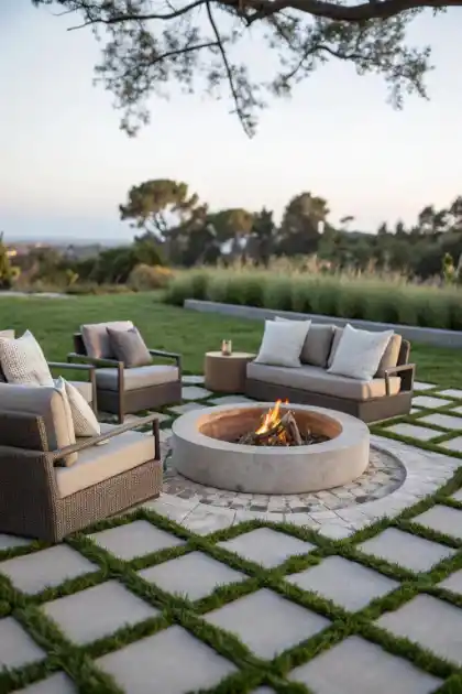 Fire pit pad with grass grid pattern | Charleston Concrete